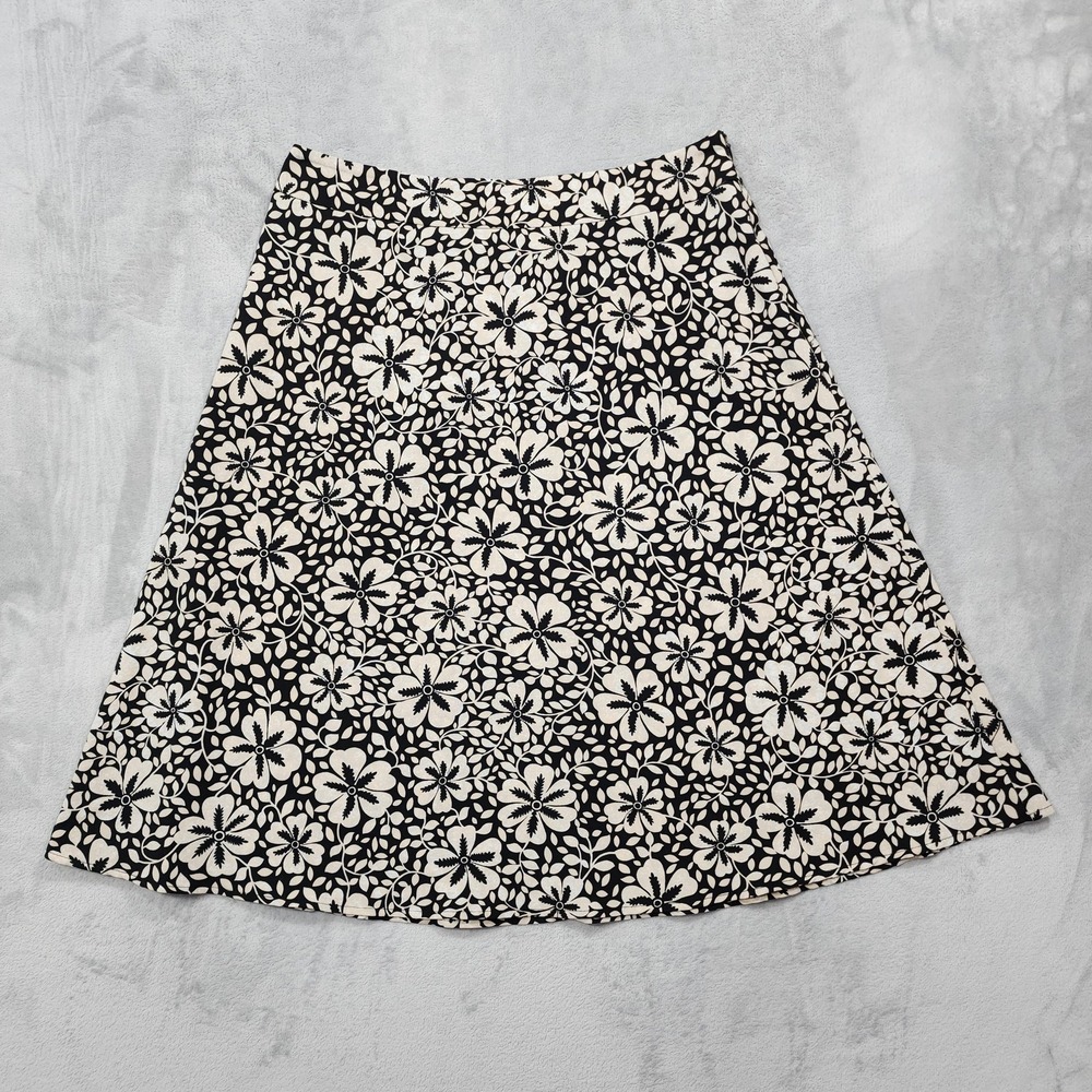 Vintage Sag Harbor Skirt Womens 12 Black Tan Floral A-Line Midi Lightweight Zip